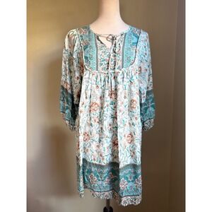 Boho‎ Floral blue cottagecore whimsi  3/4 Sleeve Mini Dress Women's Size M
Tan